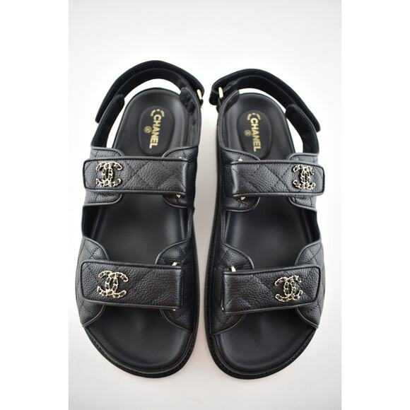 Chanel REV Black Caviar Gold CC Logo Mule Slide Strap Flat Teva Dad Sandal 38.5 - Picture 8 of 11